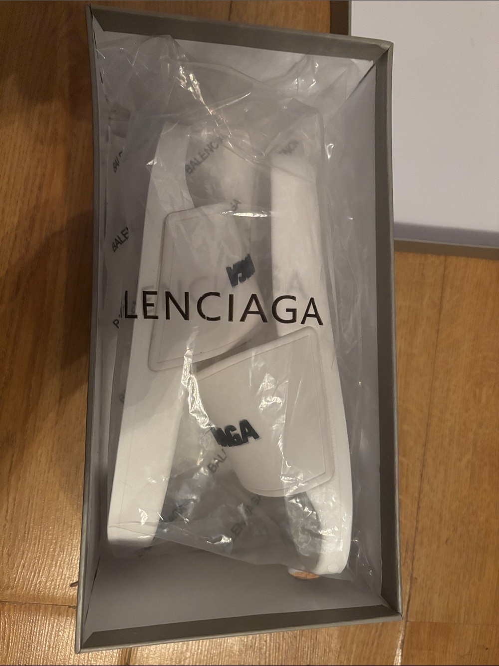 Balenciaga White Slides with Black Logo